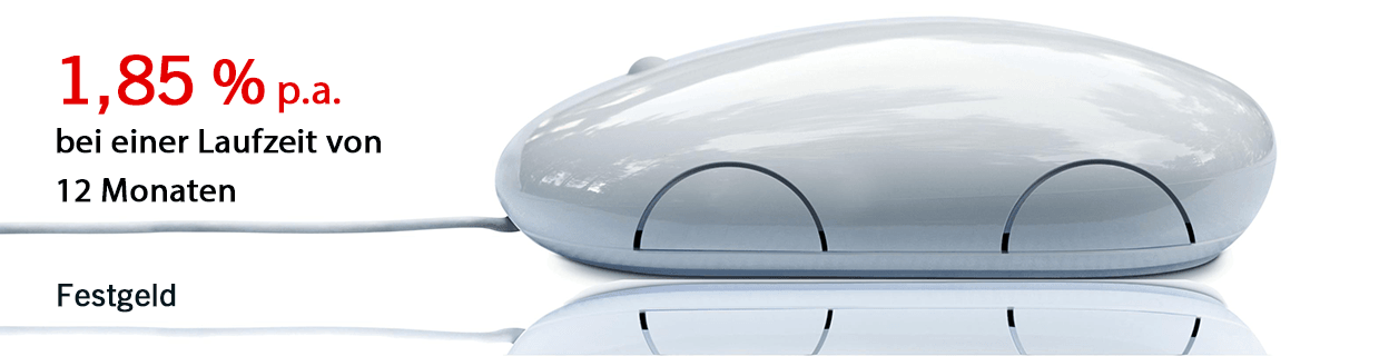 Sie befinden sich auf der Content-Seite für Festgeld Veranlagung. Darstellung einer PC-Maus, welche ein Automobil symbolisieren soll. Anzeige der aktuellen Kondition für eine Veranlagung mit einer Laufzeit von 12 Monate.
